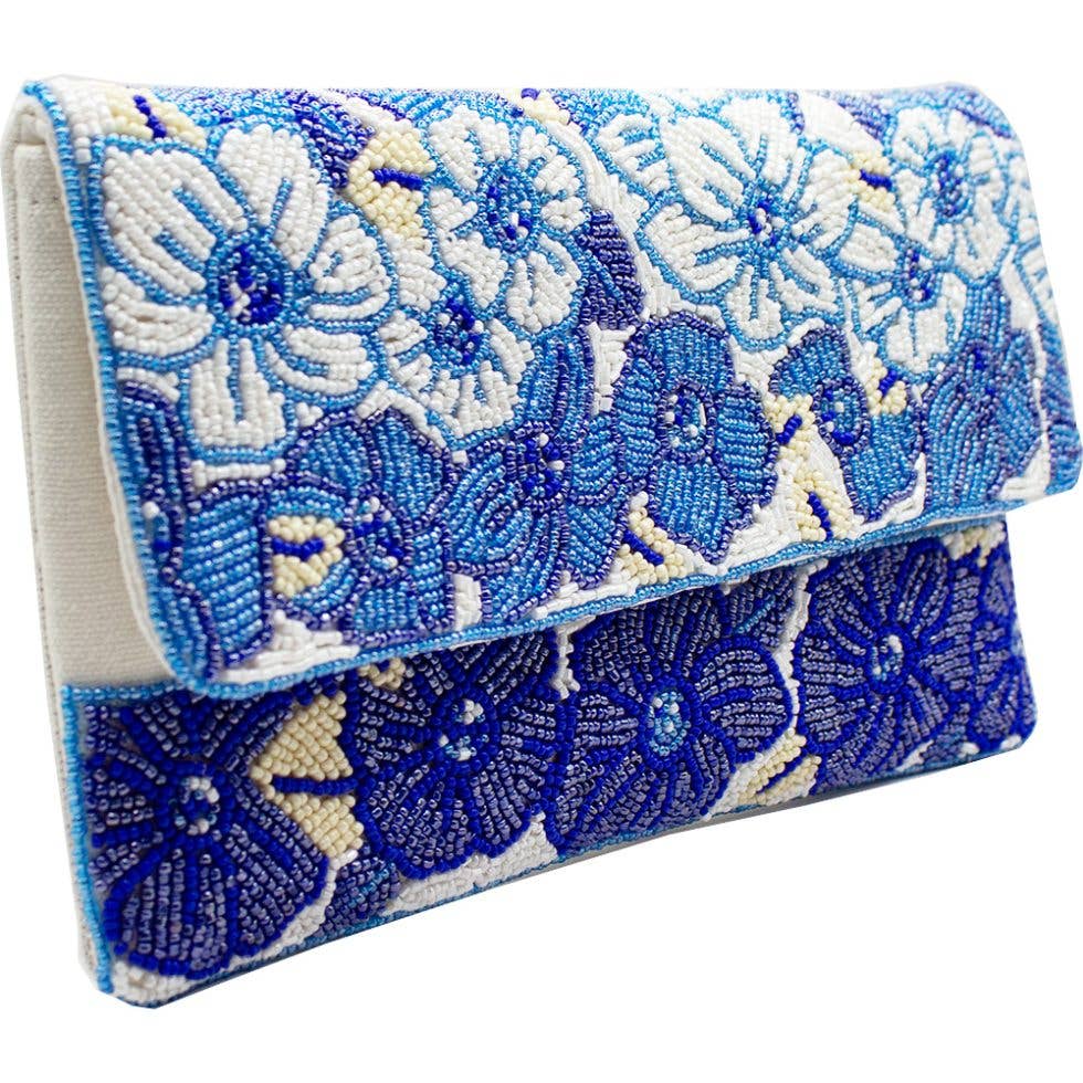 Blue Floral Beaded Clutch