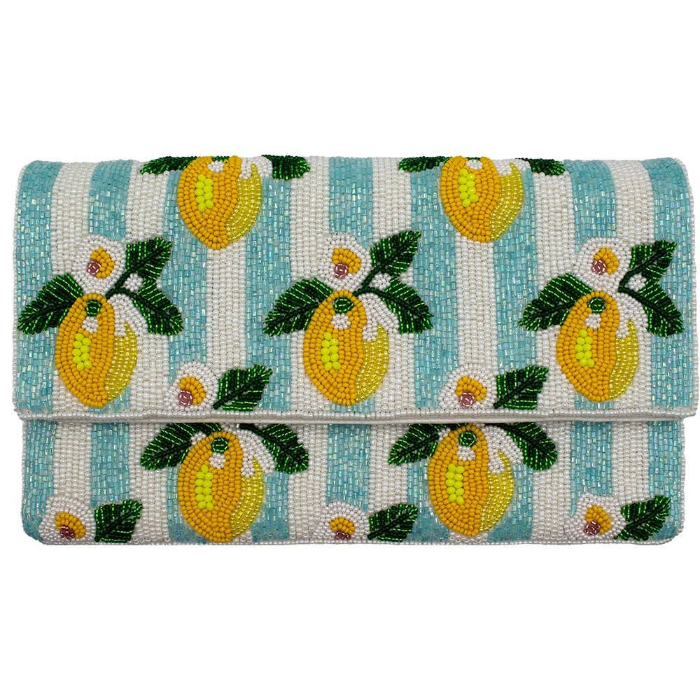 Lemon Blue Beaded Clutch