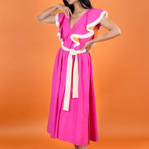 Poppy Frill Dress w Sash Belt Cherry